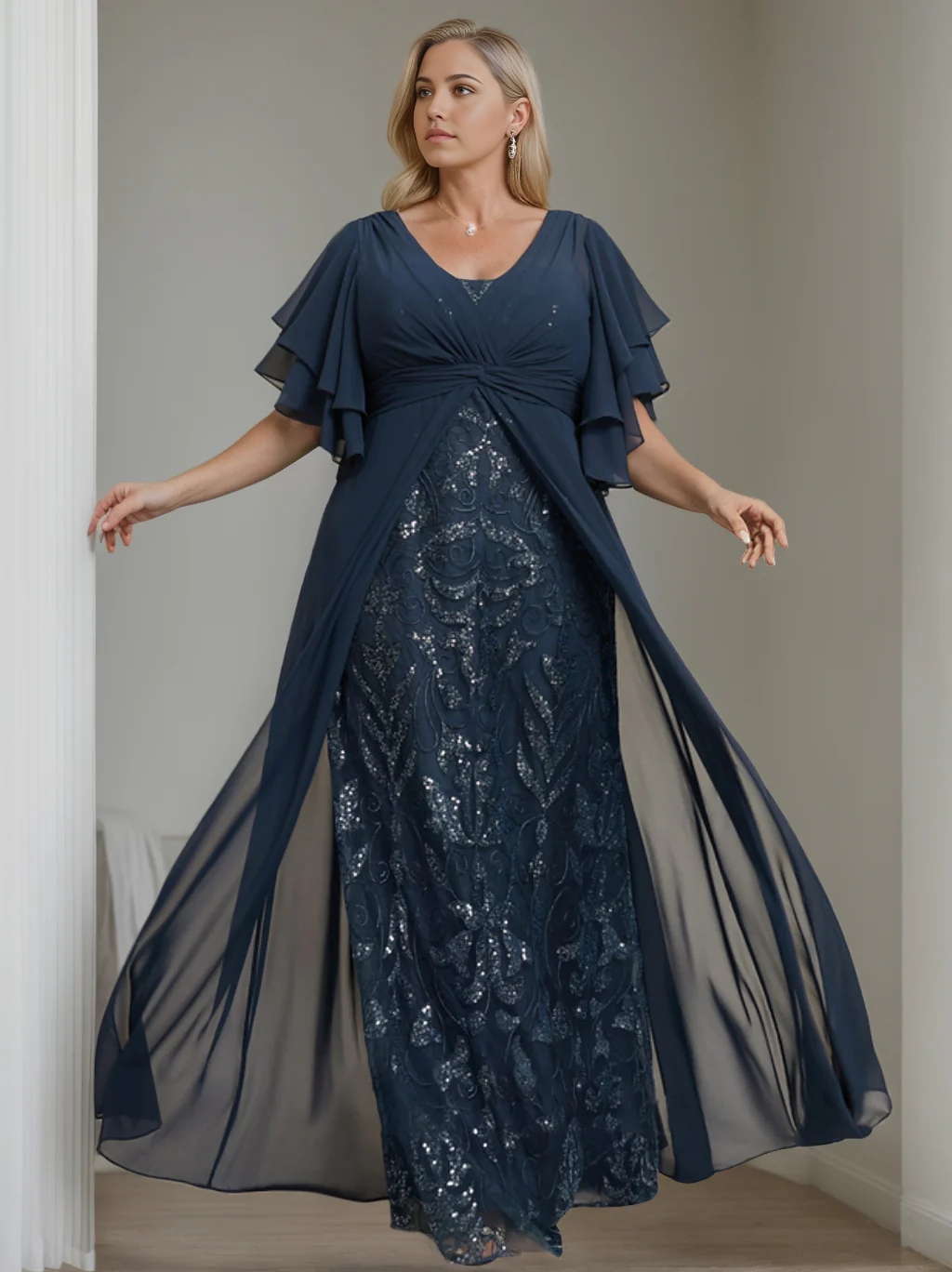 Plus Size A-Linie Prinzessin V-Ausschnitt Halbarm Bodenlang Kleider für die Brautmutter mit Plissee